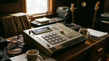 Vintage Akai MPC3000 drum machine in a dimly lit Detroit studio